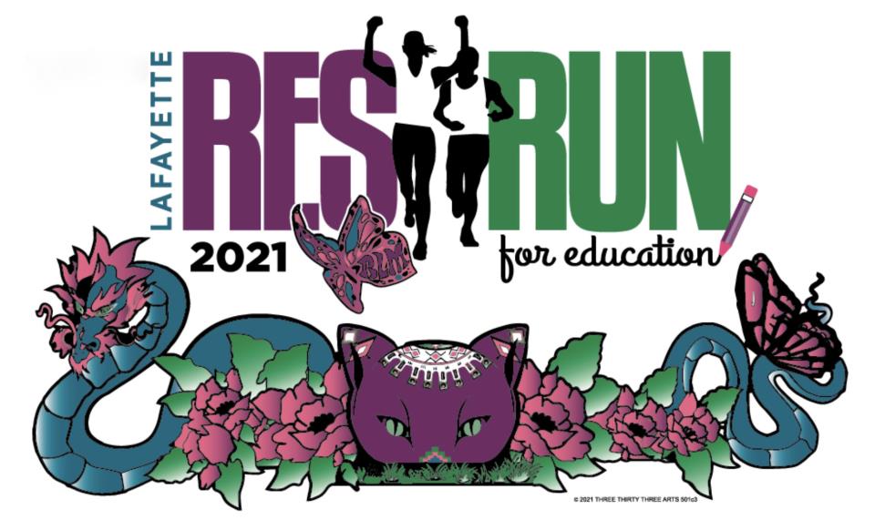 Logo for the Chamber of Commerce’s Lafayette Res Run for Education - October 2021 featuring the Unity in Diversity mural imagery.