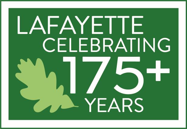 Text "Lafayette Celebrating 175+ Years" in green rectangle with oak leaf