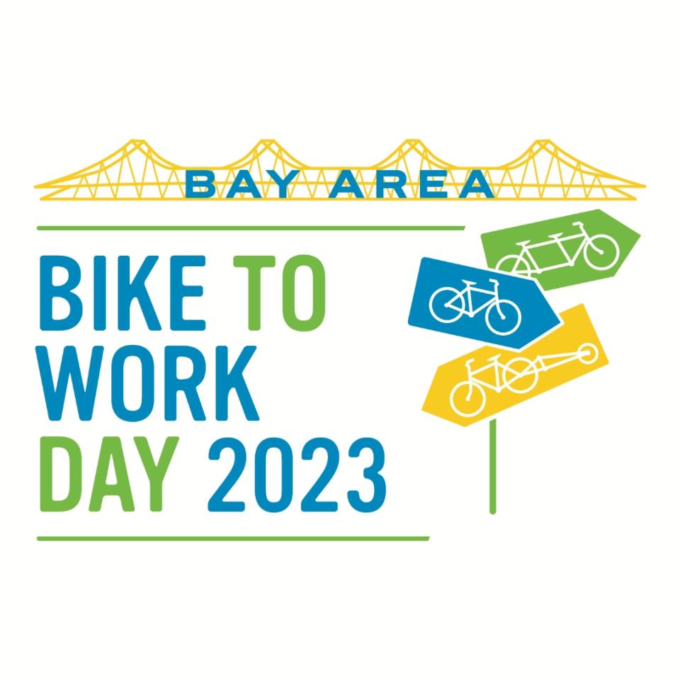 Bay Area Bike to Work Day 2023 graphic in blue, green and yello