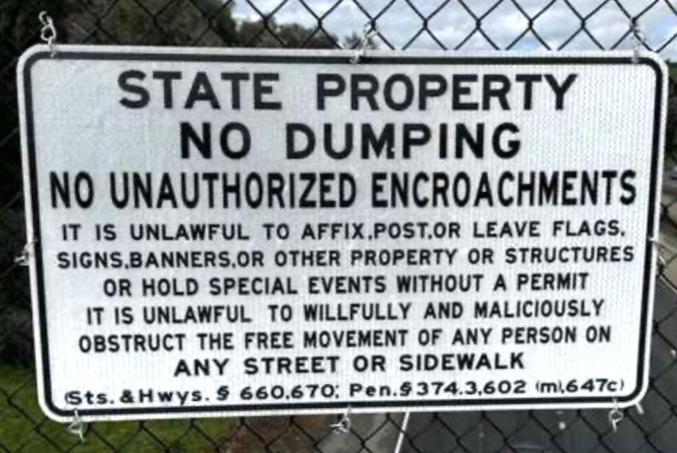 Photo of CalTrans No Dumping Sign in Lafayette CA